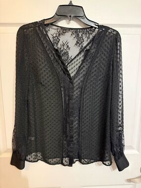 Ann Taylor Black Sheer Dot Lace Blouse - Women Tops